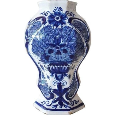 1700's Antique Delft Dutch De Klauw Cobalt Blue and White Pottery Peacock Garniture Baluster Vase 