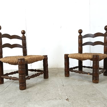Charles Dudouyt (attr) brutalist children chairs, set of 2, 1960s - vintage oak and wicker chairs - vintage children chairs 