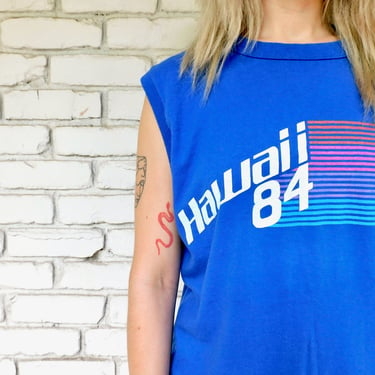 Hawaii Rainbow Shirt // vintage 80s cotton tee t-shirt t top sleeveless hippy muscle 1980s // S/M 