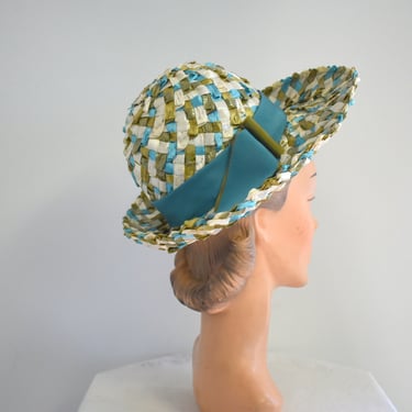 1960s Mr. John Jr. Blue, Green, and White Straw Halo Hat 
