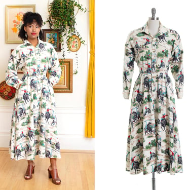Vintage 1990s 2000s Dress | 90s Y2K Western Cowboy Novelty Print Cotton Flannel Warm Button Up Fit and Flare Shirt Dress w/ Pockets (small) 