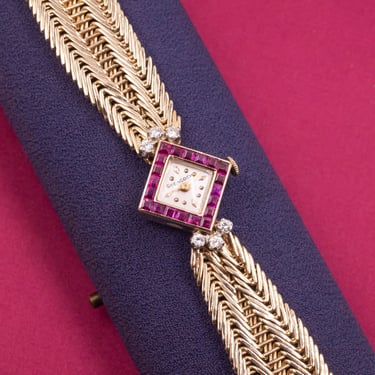 Midcentury Ruby and Diamond Gold Watch