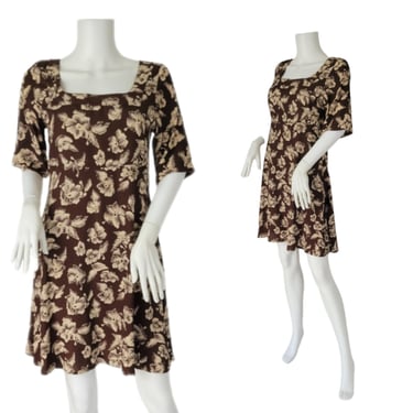 1990's Brown White Hibiscus Floral Print Rayon Baby Doll Dress I Sz Med I The Limited 