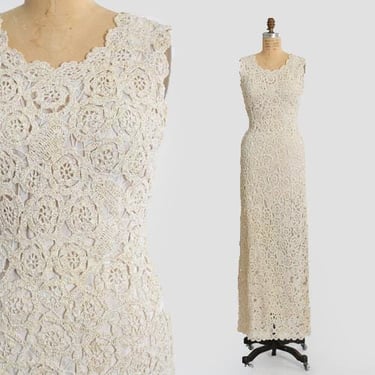 Vintage 1950s White + Gold Raffia  maxi Dress gown 