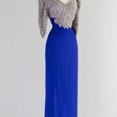 Spectacular 1980's Blue Steel Beaded Glamour Evening Gown / Small