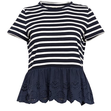 Kate Spade - Navy & White Striped Shirt w/ Ruffled Eyelet Hem Sz XS