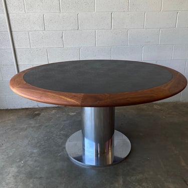 Vintage Mid-Century Modern Round Walnut and Leather Table w Chrome Pedestal Base