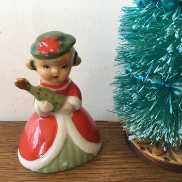 Lefton Girl Christmas Bell With Poinsettia Hat Holding Gift, Red Green Dresses, Holiiday Figurine, PLS READ Description 