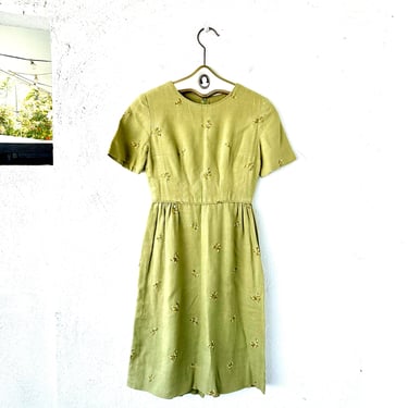 Vintage 40s 50s Butterfly Embroidered Linen Dress 1940s 1950s Boho Sheath Green Dress 