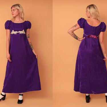 Vintage 1970s Amethyst Purple Velvet Lace Full Length Empire Waist Maxi Gown 