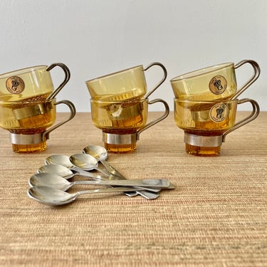 Vintage Amber Glass Espresso Coffee Cups with Handles and Spoons - Set of Six - Made in Italy 