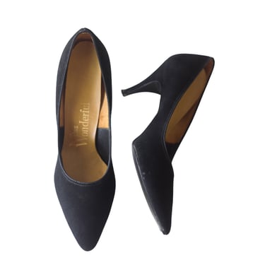1950s or 1960s Black Suede Heels with Pointed Toe 