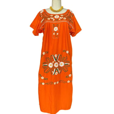 vintage 1970s embroidered tunic dress, orange cotton, medium, mexican oaxacan, ethnic kaftan, hippie boho puebla style 
