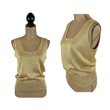 1980s Dressy Tank Top Medium, Scoop Neck Sparkly Gold Sleeveless Knit Blouse, Disco Club Party, 80s Clothes Women Vintage LILLIE RUBIN 