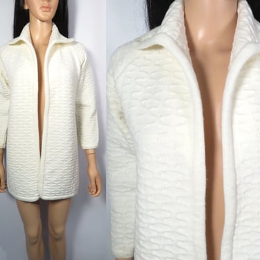 Vintage 70s Ivory Textured Knit Shawl Collar No Closure Duster Cardigan Size XS 