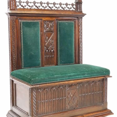Antique Hall Bench, French Gothic Revival, Armorial, Carved Wood, Green, 1800s!