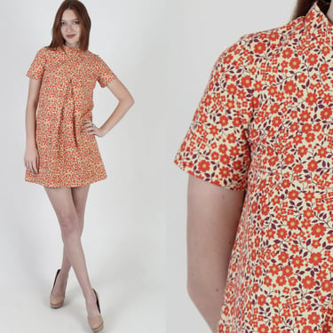 Colorful Floral Sixties Micro Mini Dress, Womens Shirt Op Art Trapeze Cut Dress, Vintage 1960s Mod Squad Go Go Short Dress 