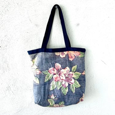 Vintage Hawaiian Floral Tote Bag // Hawaii Blue Shoulder Purse Top Handle Bag 