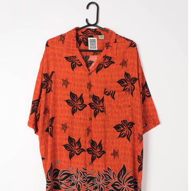 Mens Vintage Hawaiian shirt bold orange red with black hibiscus floral motifs - XL 