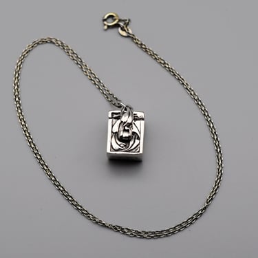 70's Art Nouveau HHH 925 silver rectangle prayer box pendant, leafy Italy sterling wish box necklace 