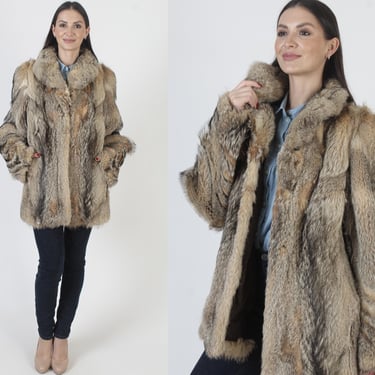 Brown Fox Fur Coat, Real Beige Coyote Jacket, Vintage 70s Shaggy Eskimo Parka 