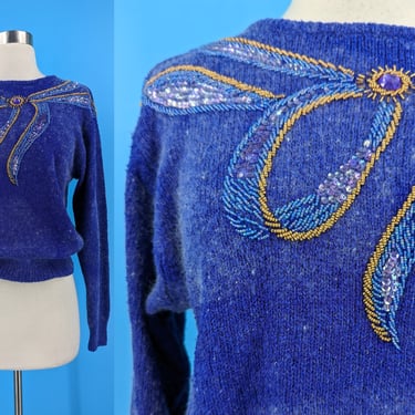 Vintage 80s Purple Silk Angora Beaded Bow Pullover Sweater - Small Eighties Embellished Sweater 