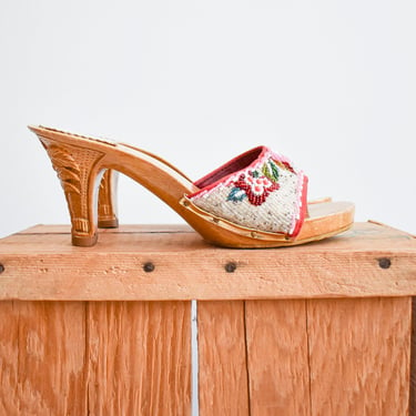 1960s Tiki Wood Carved Heels with Beading 
