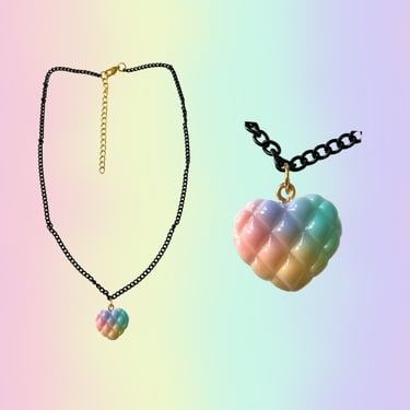 Pastel Rainbow Heart Necklace - Cute Kawaii Quilted Charm Necklace 