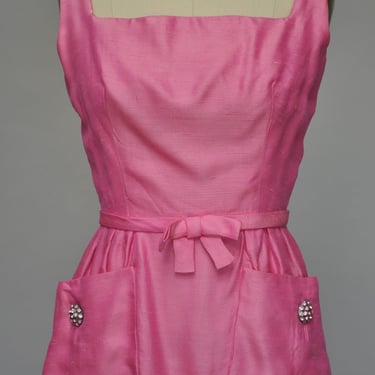 vintage 1960s pink silk sleeveless party dress w/ pockets XXS 