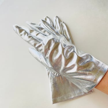 1960s Silver Lame Gloves | 60s Silver Metallic Nylon Gloves | MOD | Disco | Hong Kong | One Size 