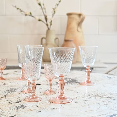 midcentury french pink stemmed wine glasses