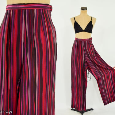 1990s Purple & Red Striped Silk Pants | 90s Burgundy Striped Ankle Length Wide Leg Pants| Neiman Marcus | Large 