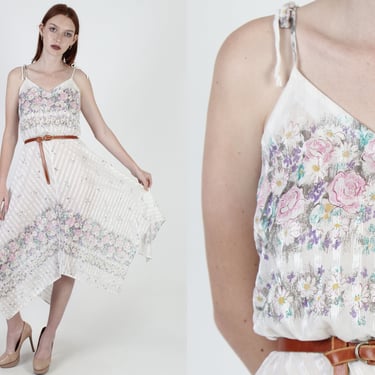 White Garden Floral Dress / Chevron Striped Asym Hanky Hem / Sheer 1970s Disco Shoulder Ties Party Sun Mini Midi Dress 