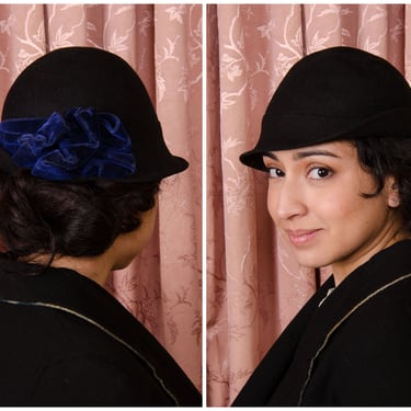 1920s Hat - RARE Caroline Reboux, Paris Reproduction Cloche in Black with Royal Blue Velvet Bullock's Collegienne 