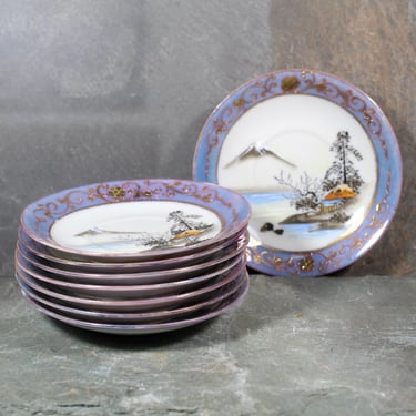 Set of 8 Moriage Lusterware Demitasse Saucers | Lavender Lustreware | 1950s Mount Fuji Design 3.75