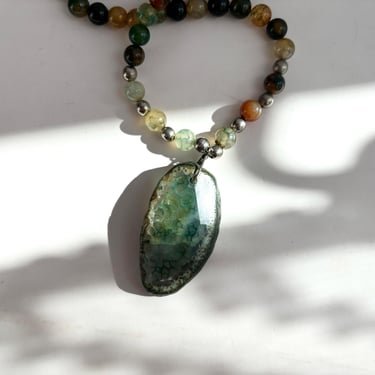 Agate Beaded Green Natural Stone Oval Vintage Long Pendant Necklace - 17