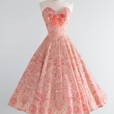 Spectacular 1950's Coral Pink Strapless Lattice Printed Party Dress / S