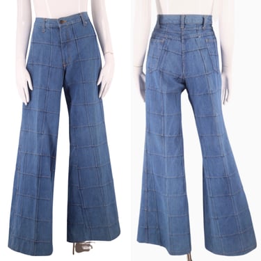 70s Brittania denim patchwork bell bottom jeans 34, vintage 1970s checkerboard elephant bells flares, 70s pants 