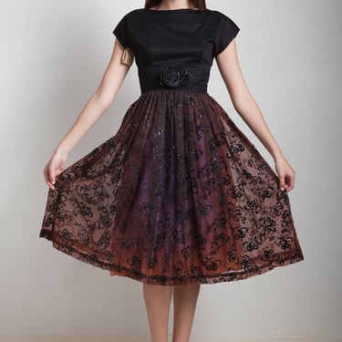 deadstock unworn vintage 50s 1950s party dress black brown rosette glitter flocked floral pleated full skirt SMALL S 