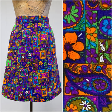 Vintage 1960s 1970s A Line Skirt, Bright Groovy Paisley/Floral Print, Day-Glo Polyester Crepe, 30" Waist 
