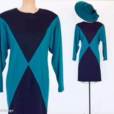 1980s Green Black Color Block Dress | 80s Black & Green Knit Dress | Karen Kane | Medium 