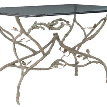 Sculptural Naturalistic Tree Branch Foliage Form Glass Top Table 