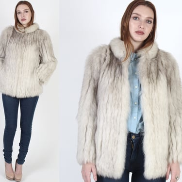 Arctic Fox Fur Coat / Real Fur Jacket With Pockets / Vintage 80s Plush Blue Fox Chubby Overcoat 