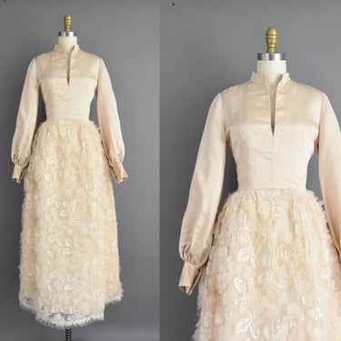 Vintage 1960s Wedding Dress | Gorgeous Champagne Silk Satin Wedding Dress | XS Small 