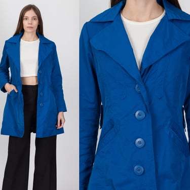 Retro Mod Blue Button Up Jacket - Small | Notched Collar 70s Style Lightweight Coat 