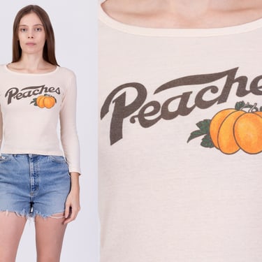 80s Peaches Long Sleeve Tee - XS to Small | Vintage Fitted Girly Cropped Graphic T Shirt 