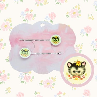 Cute Vintage Style Animal Hair Clip Set - Pastel Kawaii Tabby Cat Kitten Bobby Pins - Coquette Girly Barrettes 