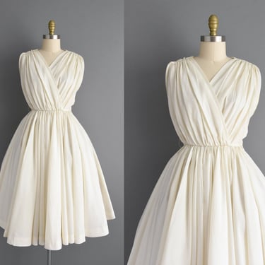 1950s dress | Gorgeous White Cotton Sweeping Full Skirt Summer Dress | Small | 50s vintage dress 