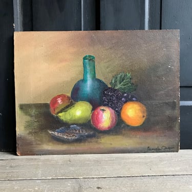 English Still Life Oil Painting on Canvas Board, Fruit, Vase, Vintage Artwork, Unframed Art, Signed Original 