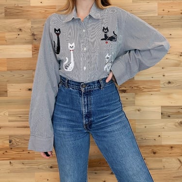 90's Pinstriped Cat Patches Button Up Shirt 